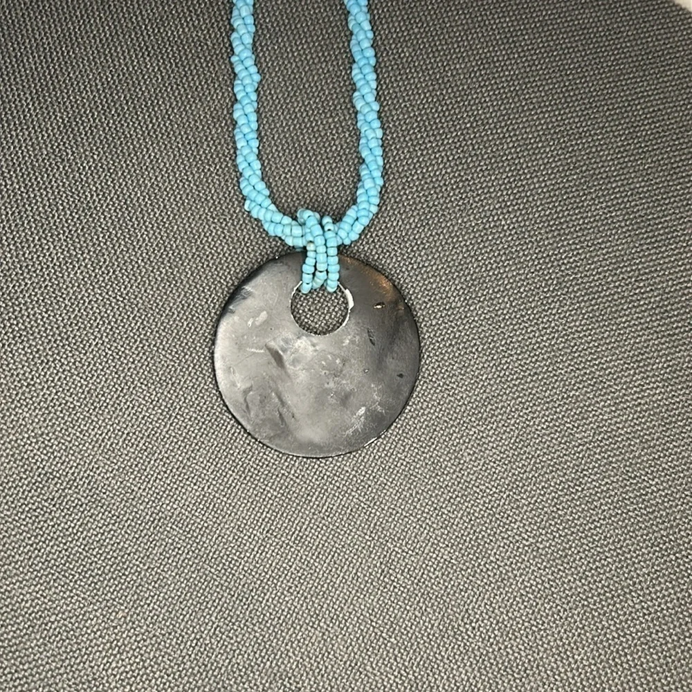 Turquoise Beaded Necklace with Shell Mosaic Pendant